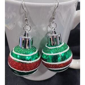 Price Reduced Red and Green Striped Christmas Ornament Drop Earrings New E163